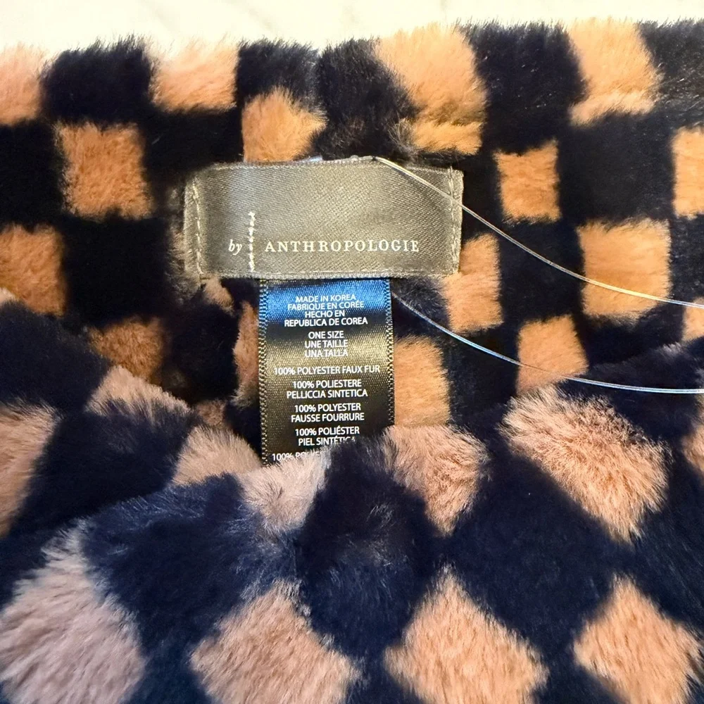 Anthropologie Navy & Tan Checkerboard Faux-Fur Wrap